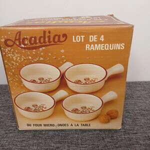 Vintage Acadia Ramekins Set 4 Beige Floral Japan w/ Box Oven Safe